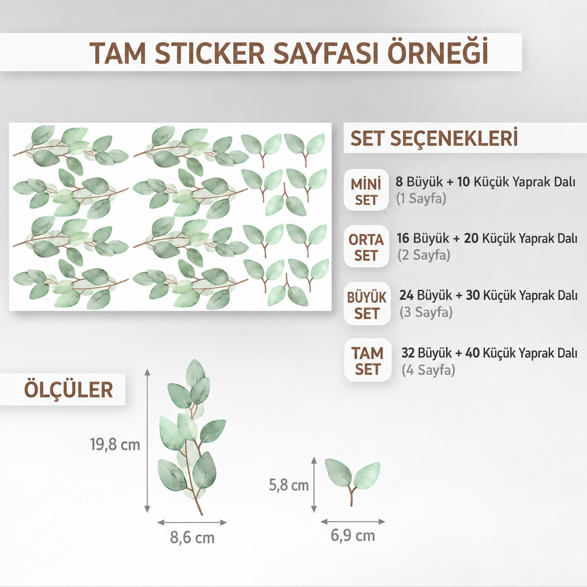 Suluboya Yeşil Yapraklar Duvar Sticker Seti – Doğal ve Minimalist Duvar Dekoru