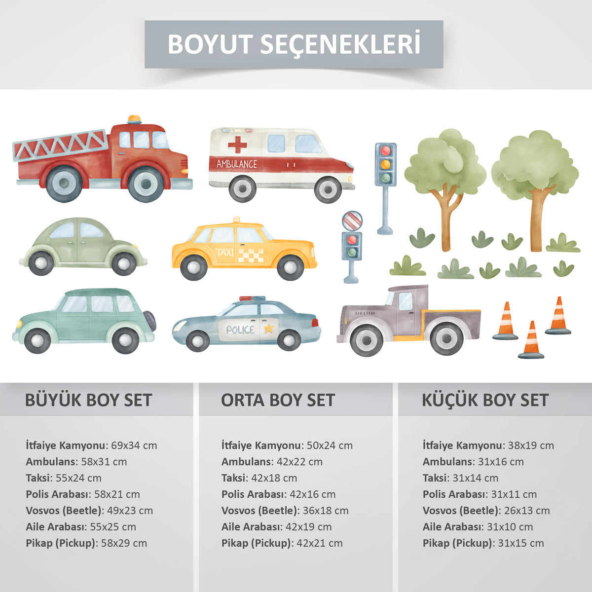 Suluboya Şehir Araçları Duvar Sticker Seti – İtfaiye, Ambulans, Polis ve Arabalar