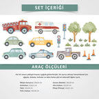 Suluboya Şehir Araçları Duvar Sticker Seti – İtfaiye, Ambulans, Polis ve Arabalar
