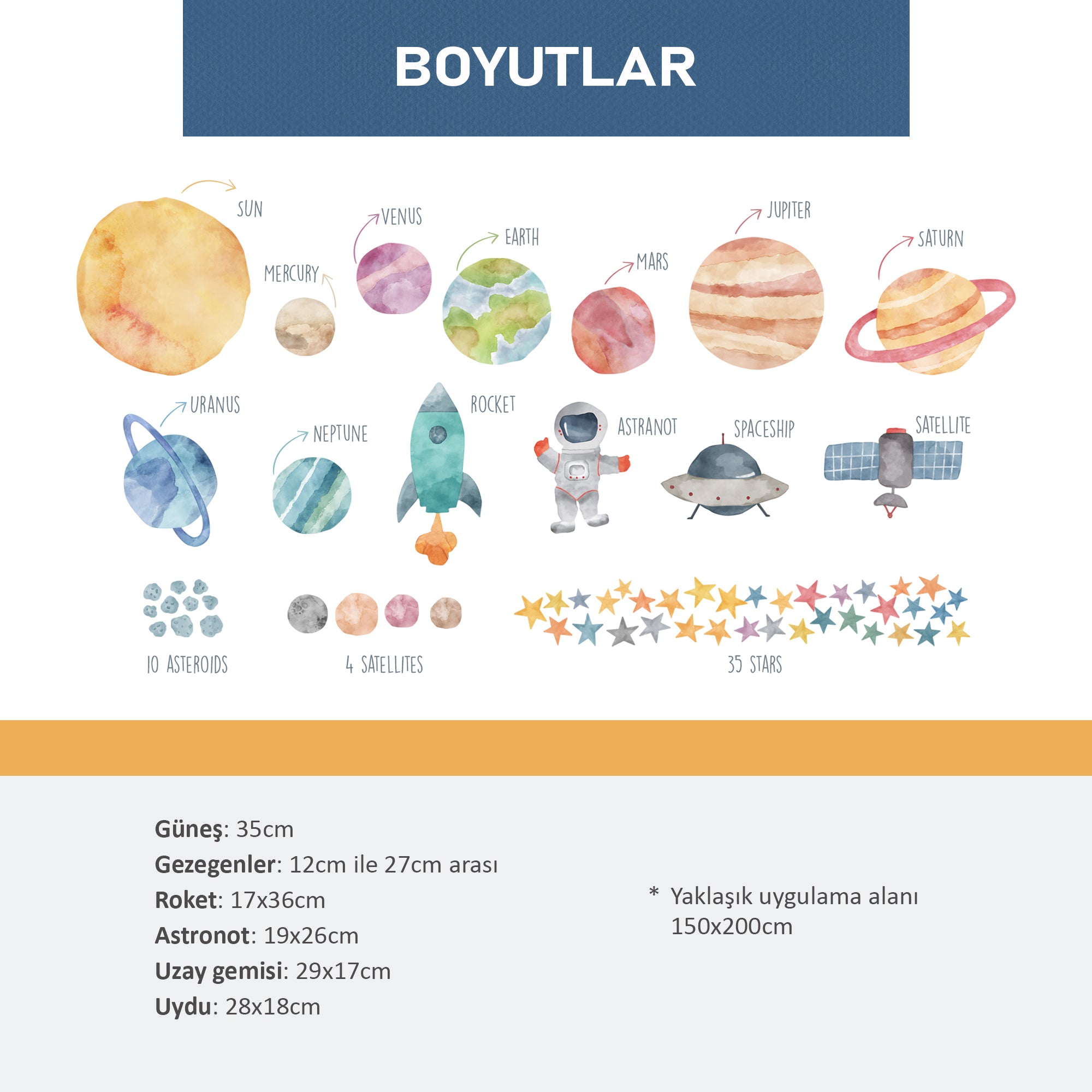 Kişiselleştirilebilir Uzay Temalı (SOFT) Duvar Sticker Seti